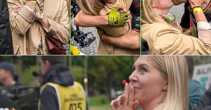 Wat een gezicht: een opgetogen Van Aert viert zijn triomf met zijn vrouw Sarah, die de finale nagelbijtend en biddend doorbracht