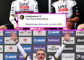 „Kralj Montreala“: Tadej Pogačarjev mavrični poklon Brandonu McNultyju — kako je preprosto sporočilo ujelo dušo ekipe UAE Team Emirates-XRG